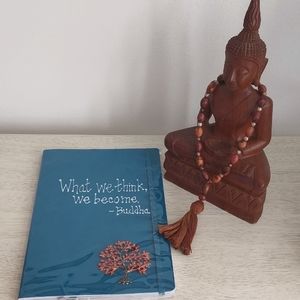Wooden Buddha, Handpainted Journal + Handmade Mala Beads - All for $22